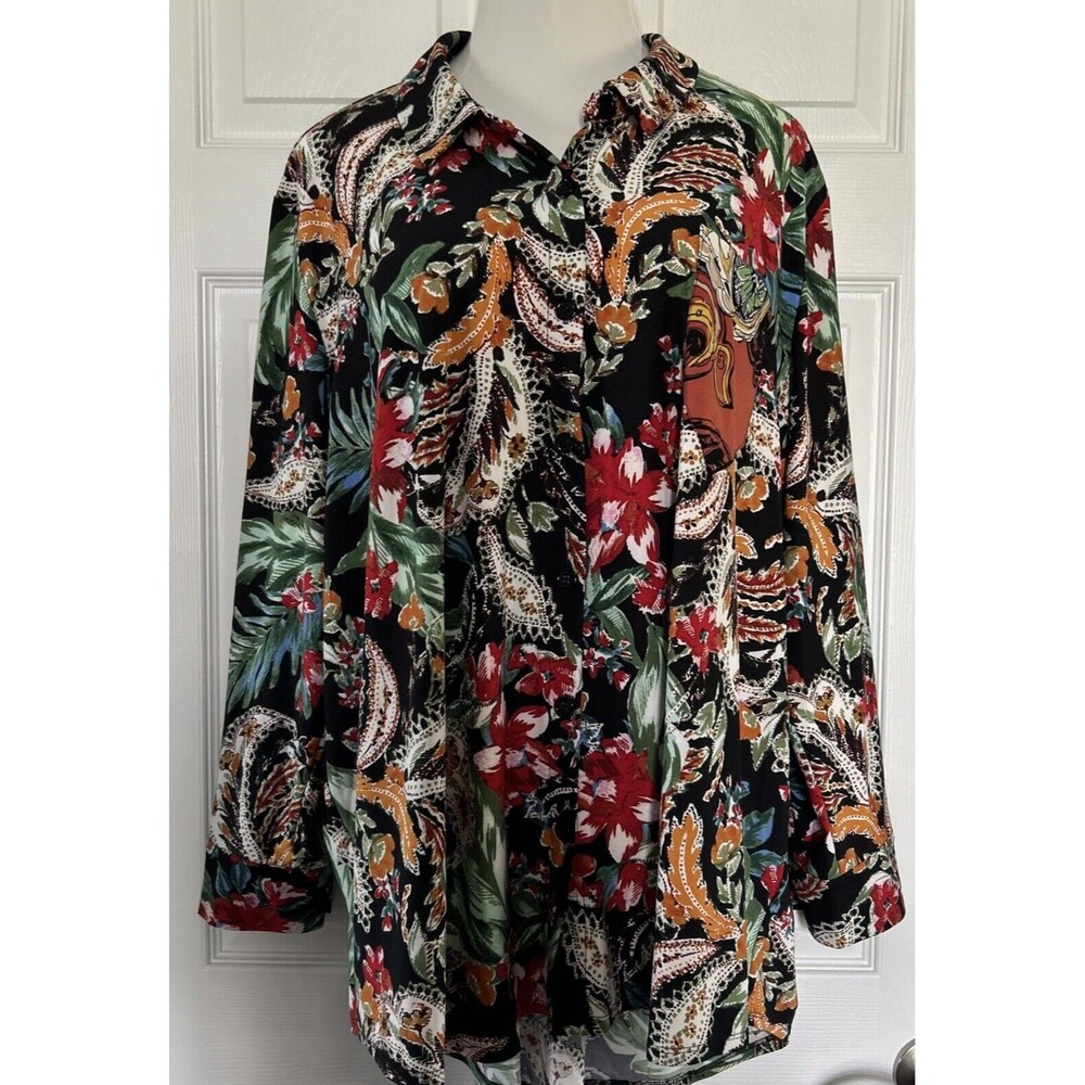 Attitudes by Renee Stretch Knit Floral Print Tunic Blouse Collar Plus Size 2X